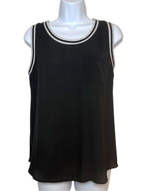 Ann Taylor LOFT Black Sleeveless Blouse Tank Top Stripe Trim Front Pocket